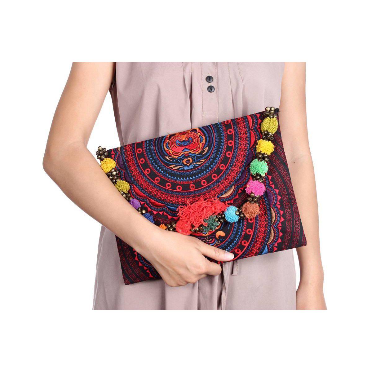Pom Pom Embroidered Tribal Clutch | iPad Bag - Thailand