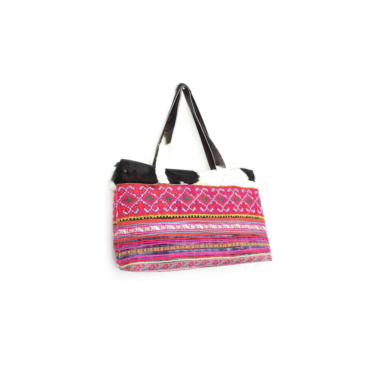 Upcycled Hmong Textile Cowhide One-of-a-kind Leather Tote Purse - Thailand