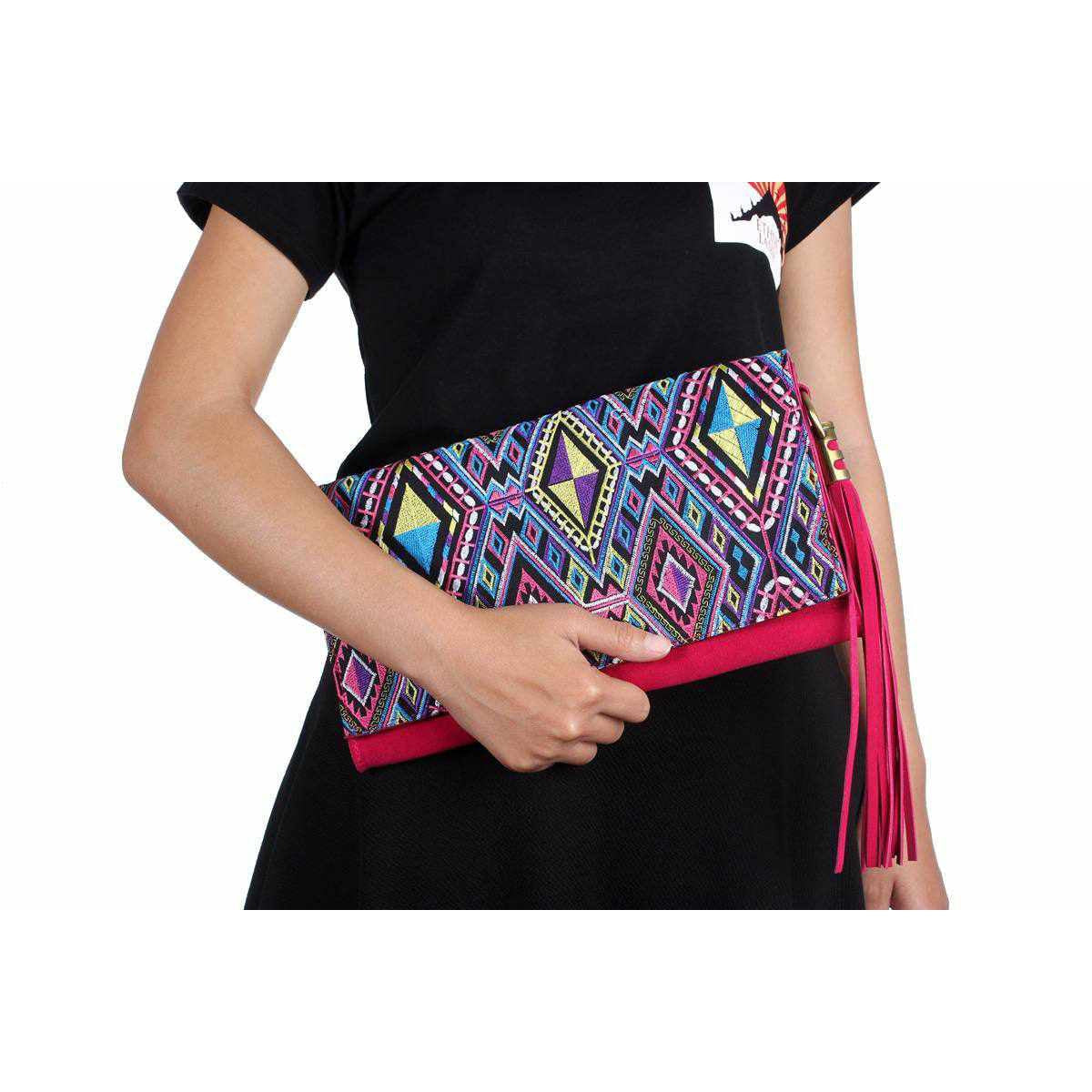 Leather Clutch with Geometric Embroidery Bag - Thailand