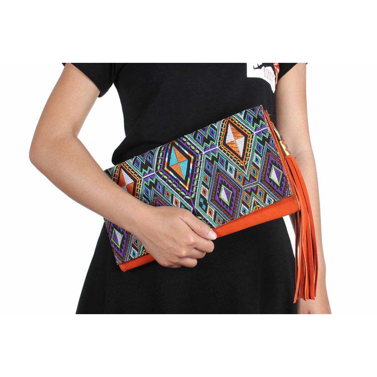 Leather Clutch with Geometric Embroidery Bag - Thailand
