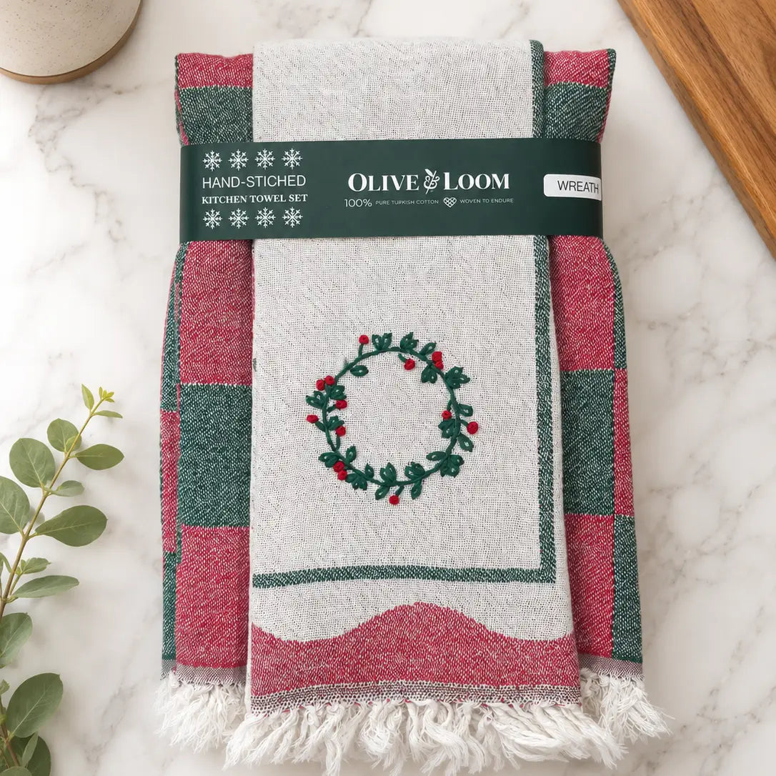 Wreath Hand-Stitched Tea Towel Set