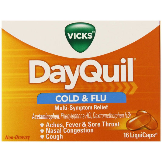 Vicks Day Quil Cold And Flu Medicine, 16 Liqui Caps, Daytime, Non Drowsy Relief For Cough, Sore Throat, Fever, Congestion