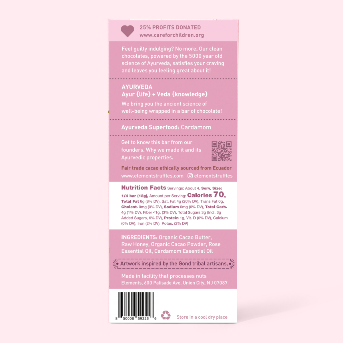 Rose Cardamom Dark Chocolate Bar | Vegan Kosher