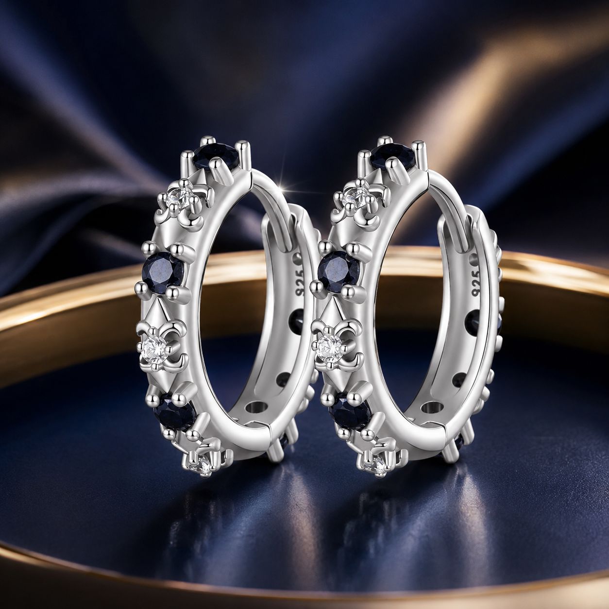 S925 Oxidized Silver Pavé CZ Earrings Size 14*2.5mm for Women