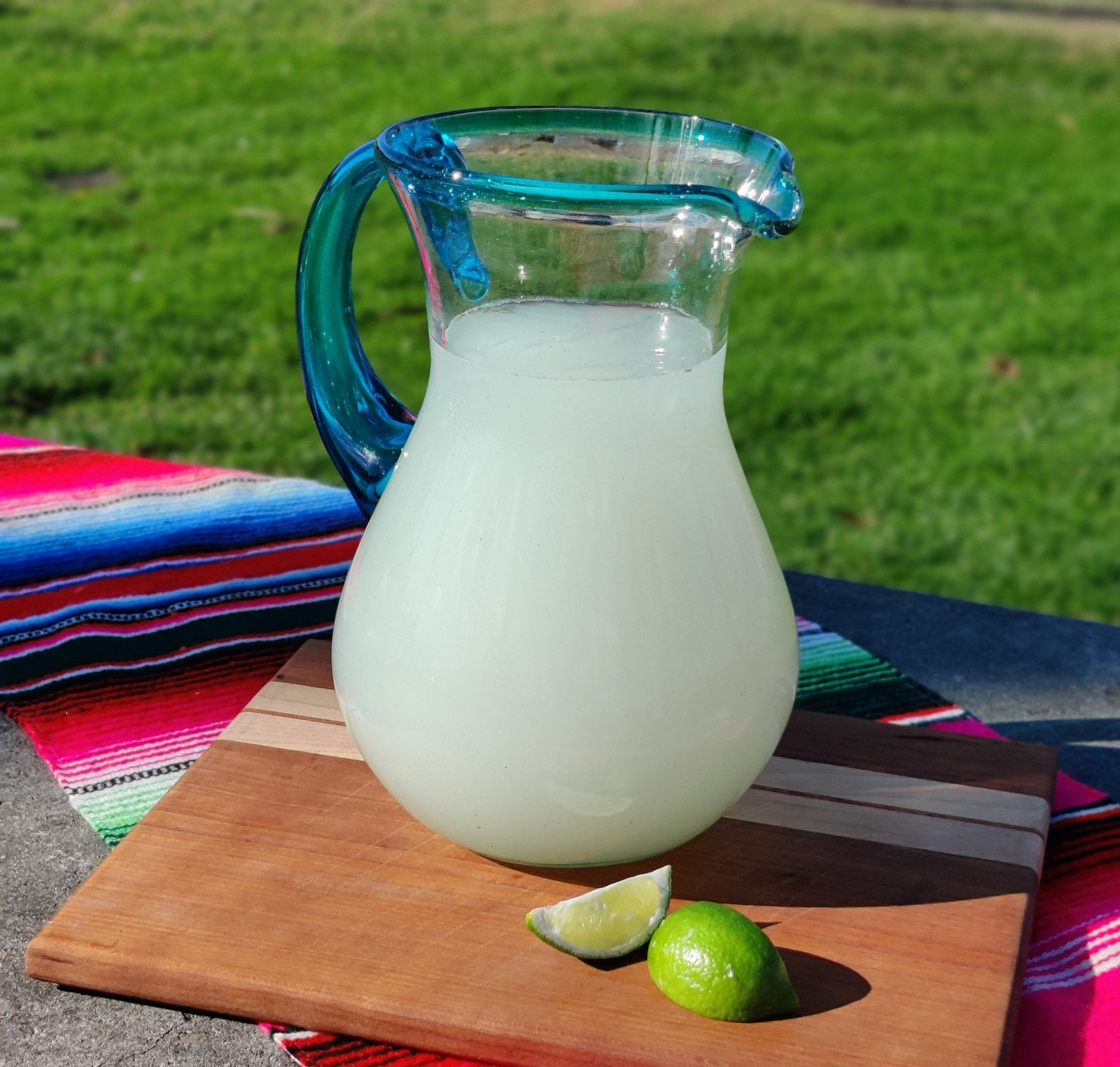 Hand Blown Glass Pitcher – Aqua Rim and Handle