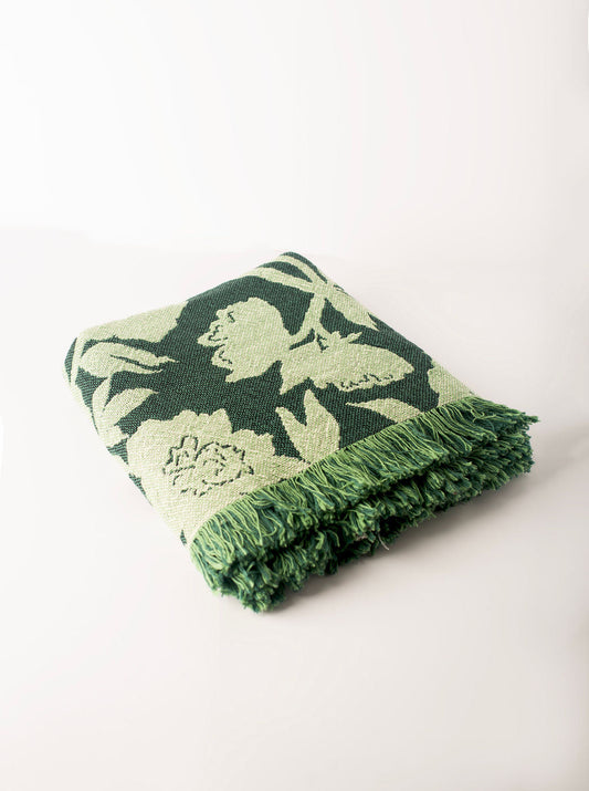 Green Floral Jacquard Woven Throw