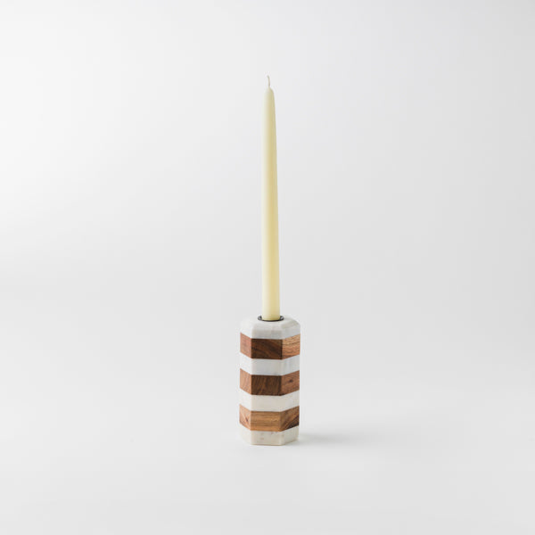 Striped Marble & Acacia Candleholder