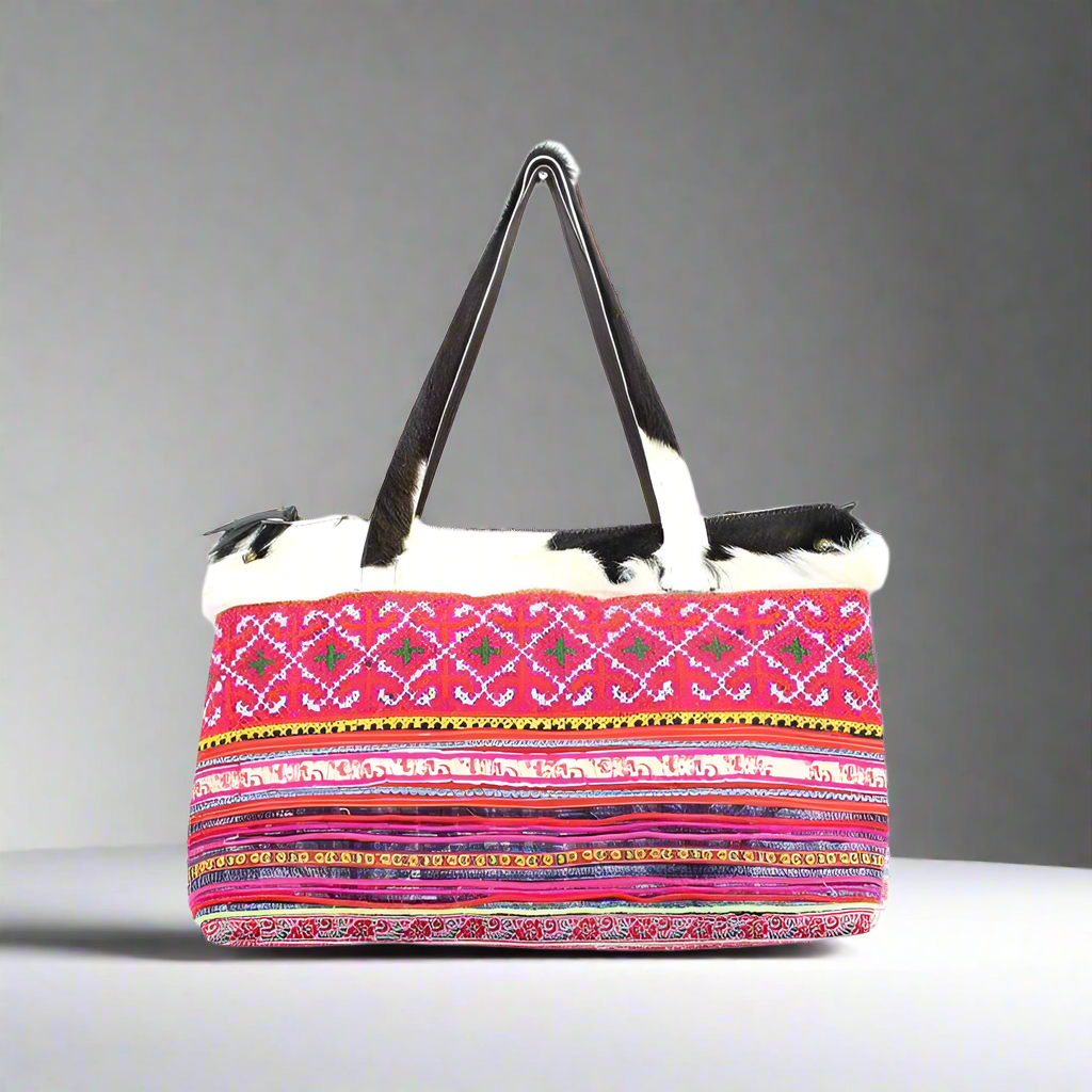 Upcycled Hmong Textile Cowhide One-of-a-kind Leather Tote Purse - Thailand
