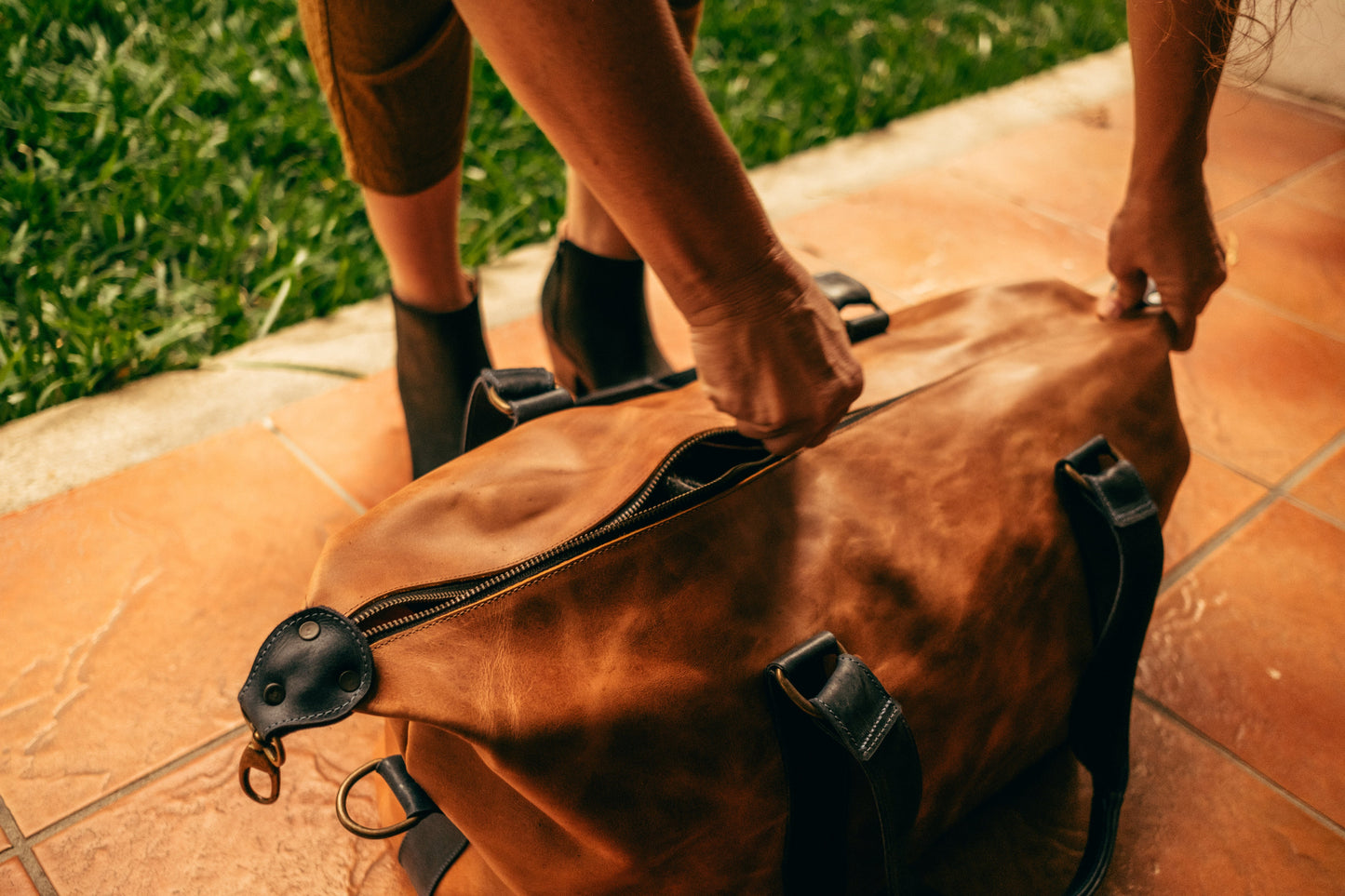 Leather Duffel - Camel and Green