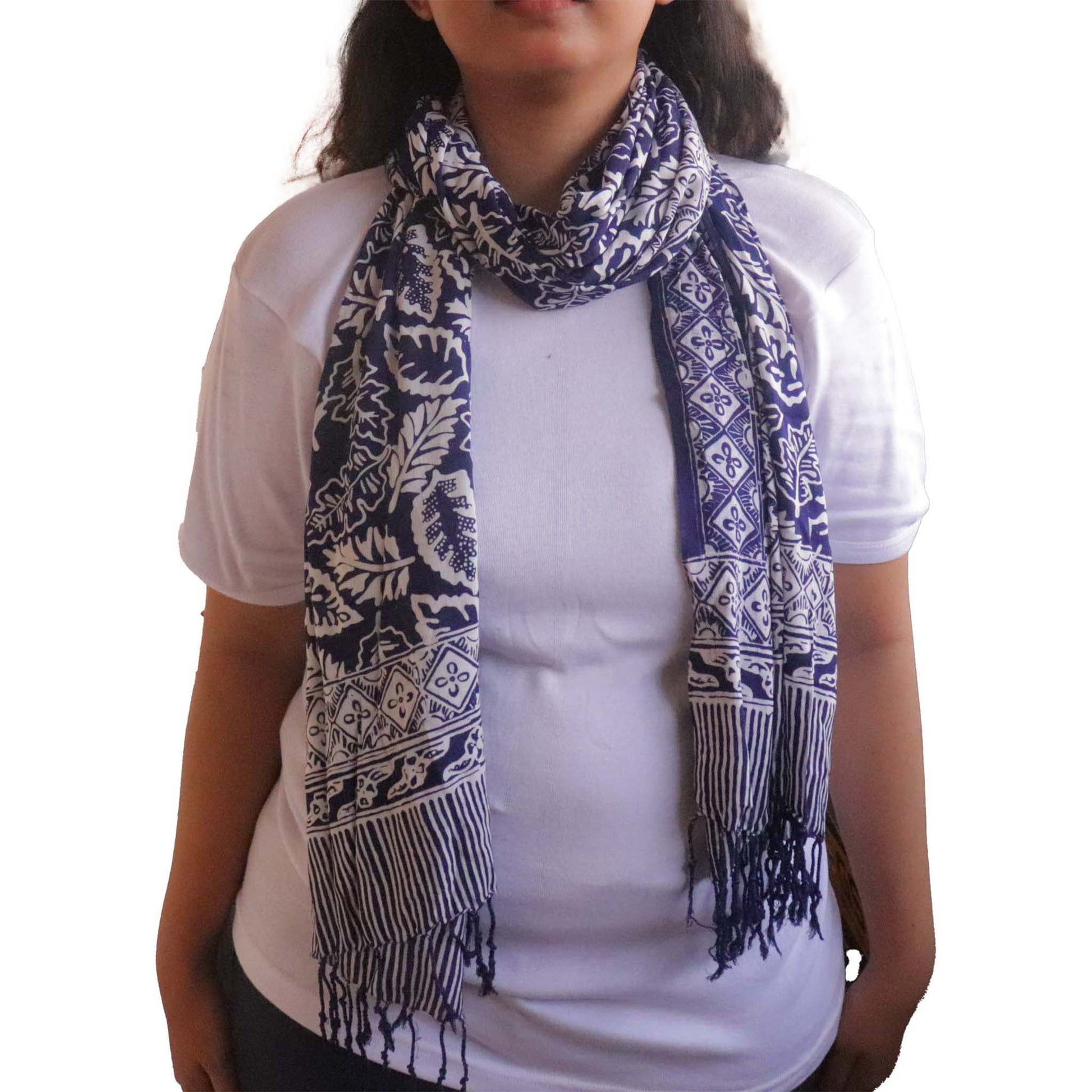 Hand Dyed Batik Scarf, 100% Cotton, Scarves, Bandana, Wrap , Blue Leaves - Osadia Concept Store