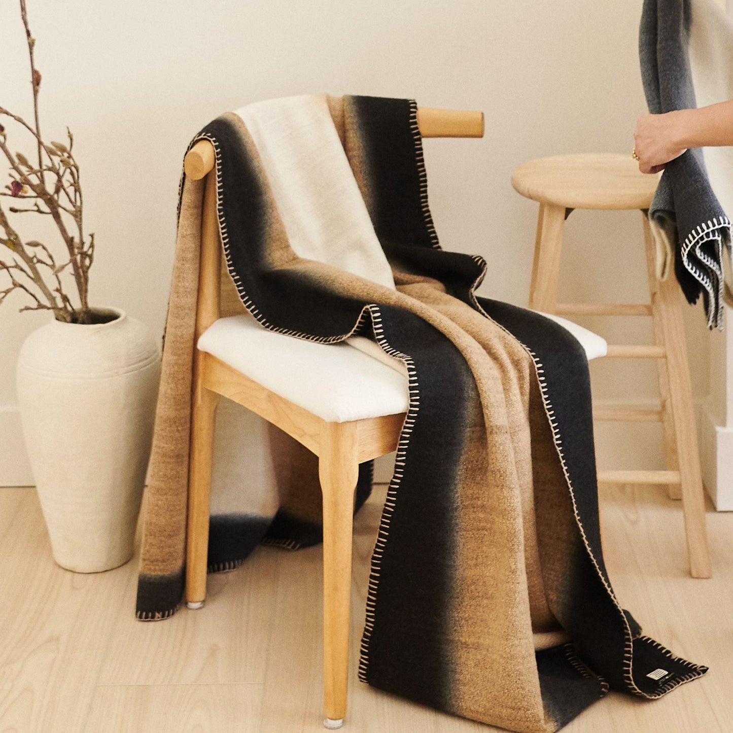 Siro Brown And White Ombre Textured Throw  In Hand Spun Merino And Hand Stitched Hem