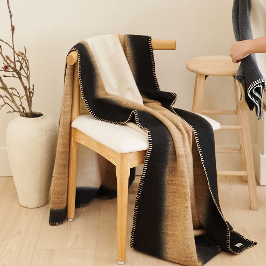 Siro Brown And White Ombre Textured Throw  In Hand Spun Merino And Hand Stitched Hem