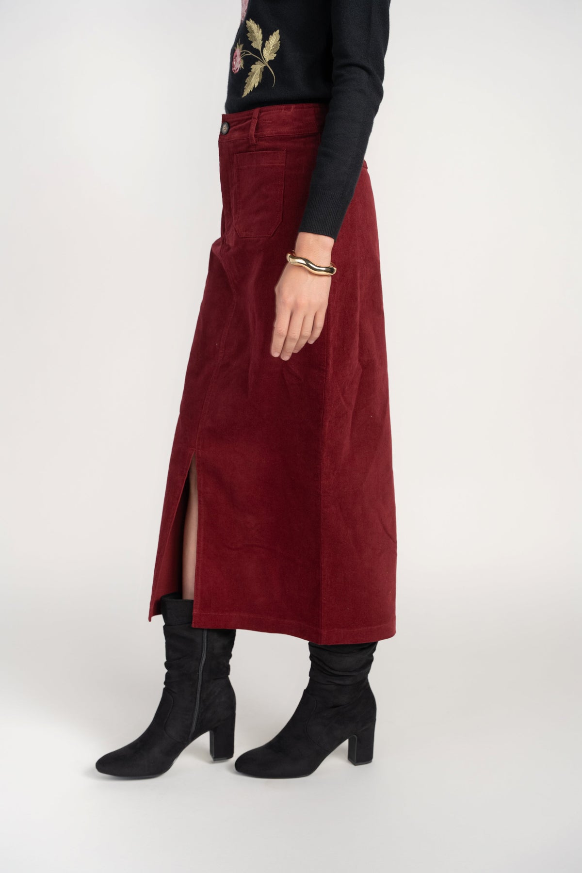 Pocket Midi Skirt- Cherry Lacquer Corduroy