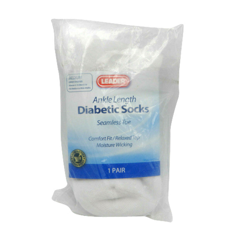Leader Health Care Diabetic Ankle Socks, White, Medium, 1 Pair