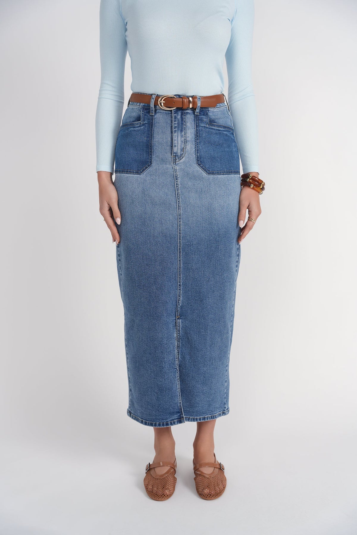Contrast Pocket Midi Skirt- Blue Denim