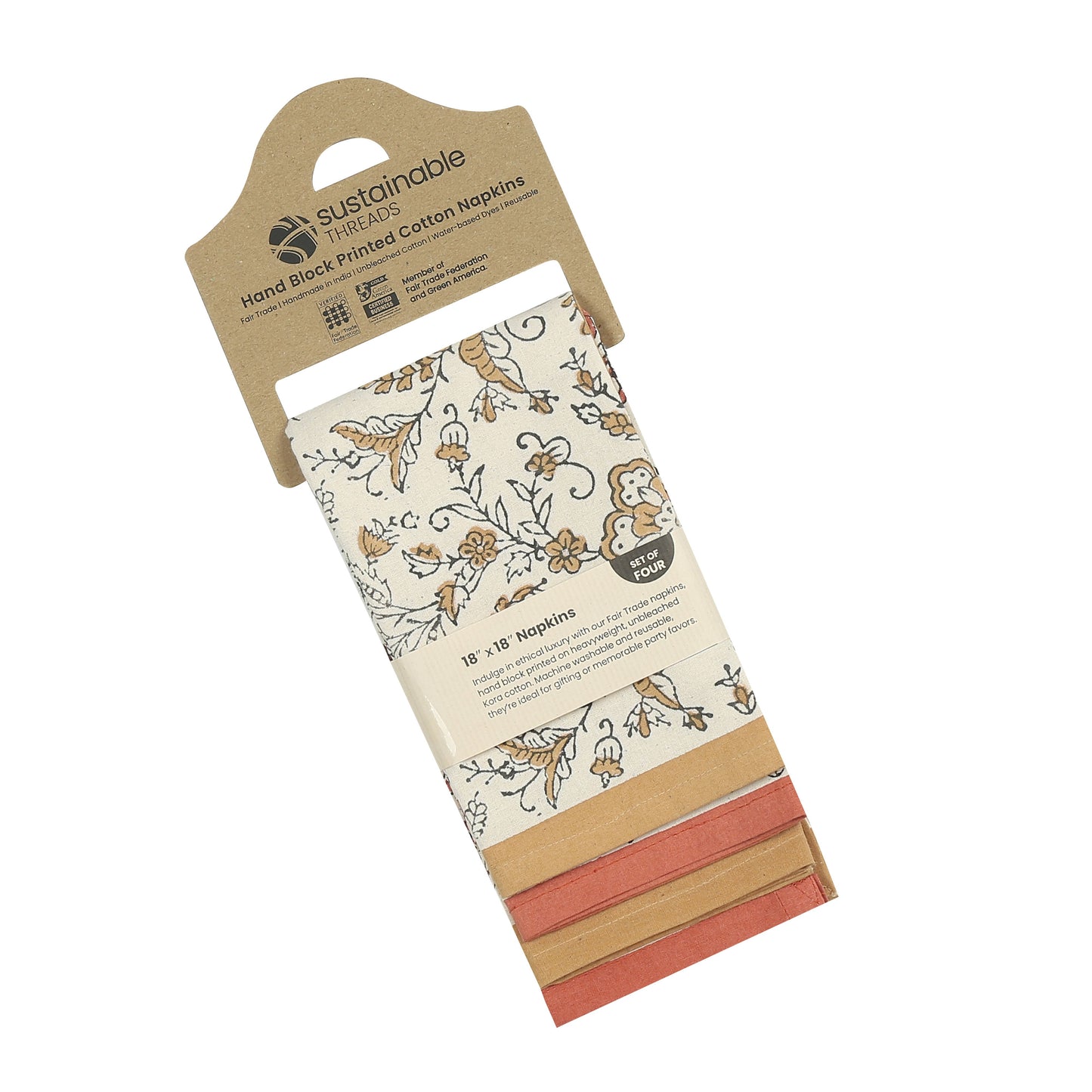 Hand Block Printed Cotton Napkins, Set of 4 | 18″ × 18″ | Fair Trade | Ivy