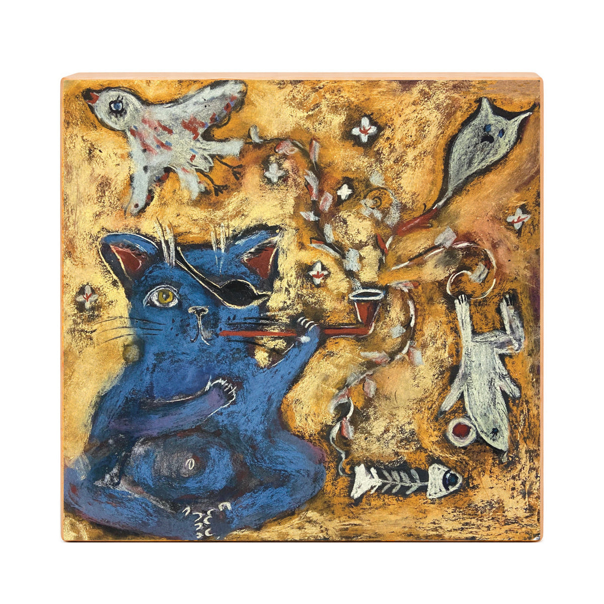 Smoking Cat: Blue Pirate Cat with Eye Patch and Pipe Art Print on Board