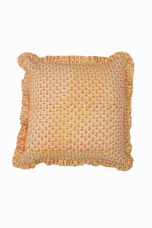 Sunwashed Floral Yellow Ruffle Blockprint Pillow Cover