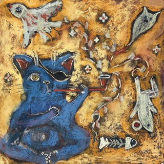 Smoking Cat: Blue Pirate Cat with Eye Patch and Pipe Art Print on Board