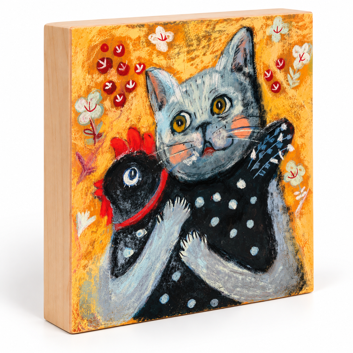 Echoes of Innocence: Cat Hugging a Chicken, Whimsical Pastel Art Print on Board
