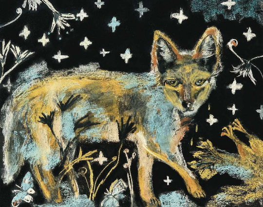 Nighttime Coyote and Chicken Folk Art Print on Board, Whimsical Wildlife Wall Art