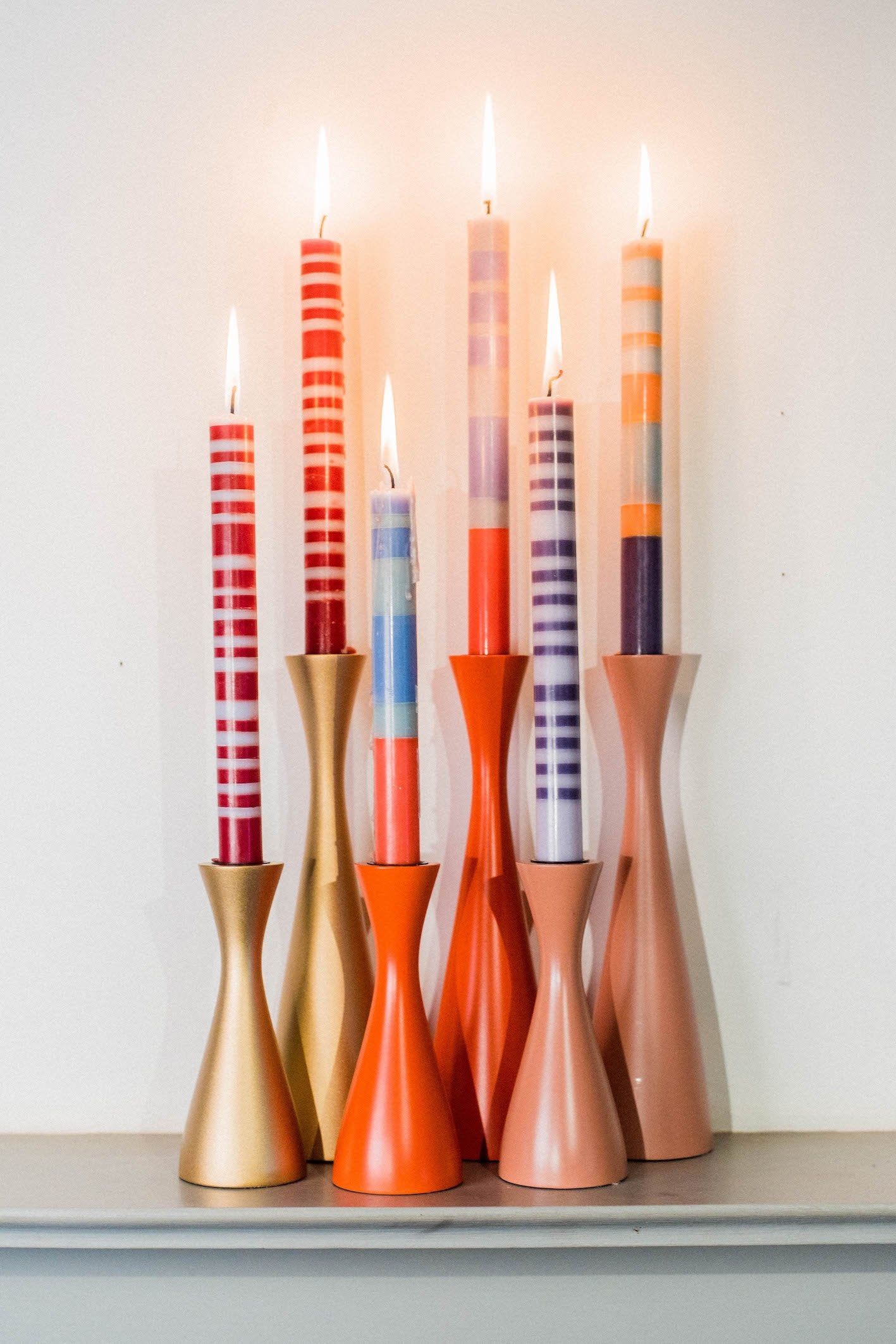 S/4 Striped Gunmetal, Opaline & Marigold Dinner Candles