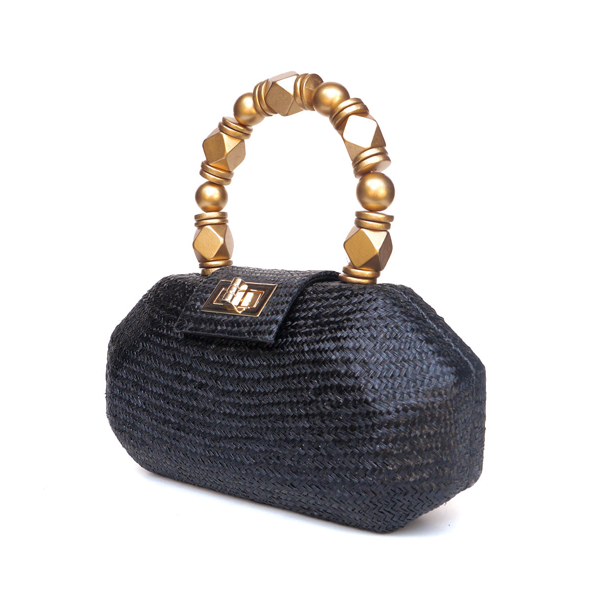 THE MELIA — Black Woven Straw Clutch with Beaded Top Handle