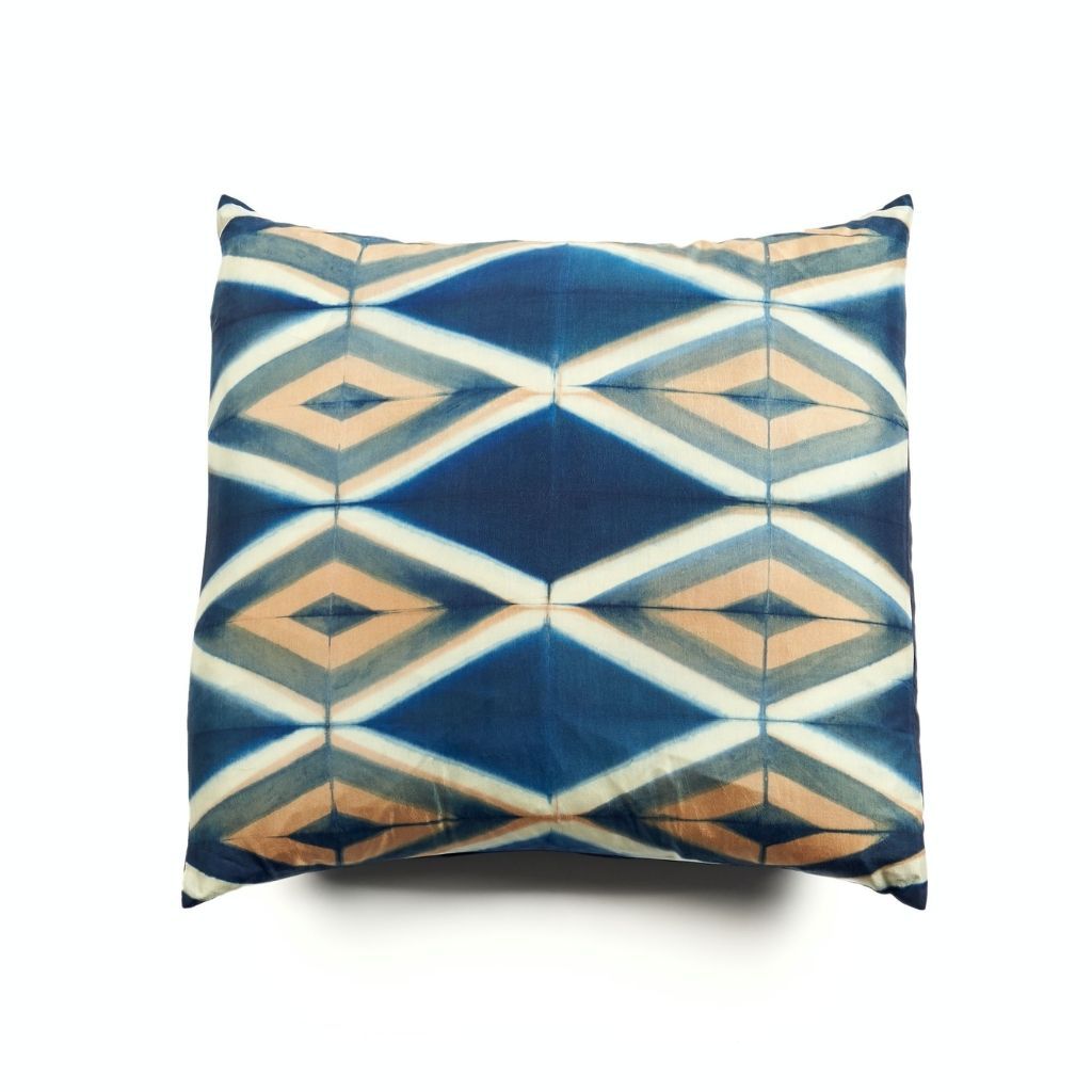 Tisa Indigo Handcrafted Shibori Geometri Print Mulberry  Silk Pillow