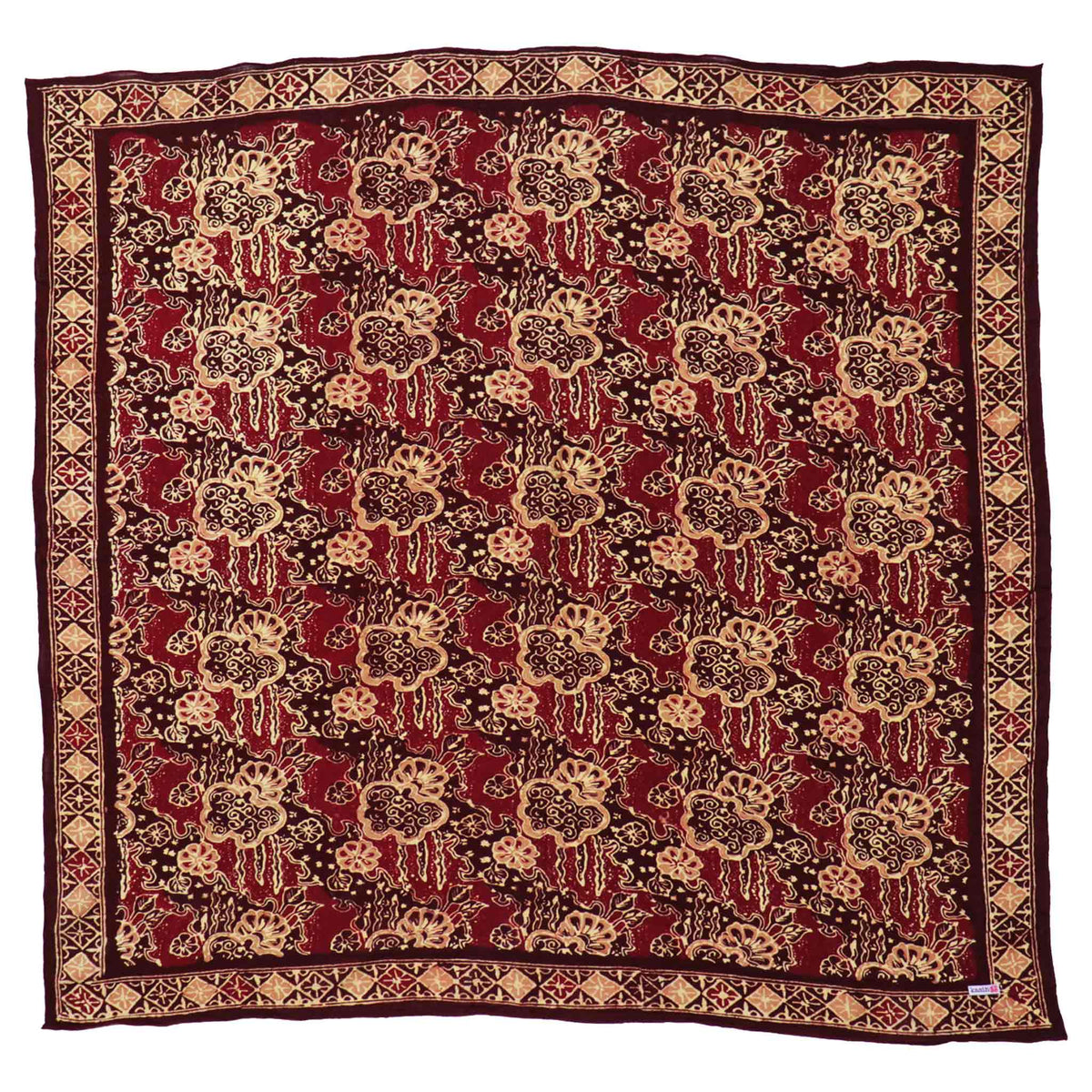 Large 39" Hand Dyed Batik Bandana, 100% Soft Cotton, Sunlit Garden, Red Burgundy