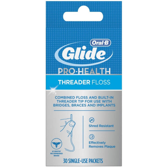 Oral-B Glide Pro-Health Threader Dental Floss For Bridges, Braces & Implants - 30 Single Used Packet