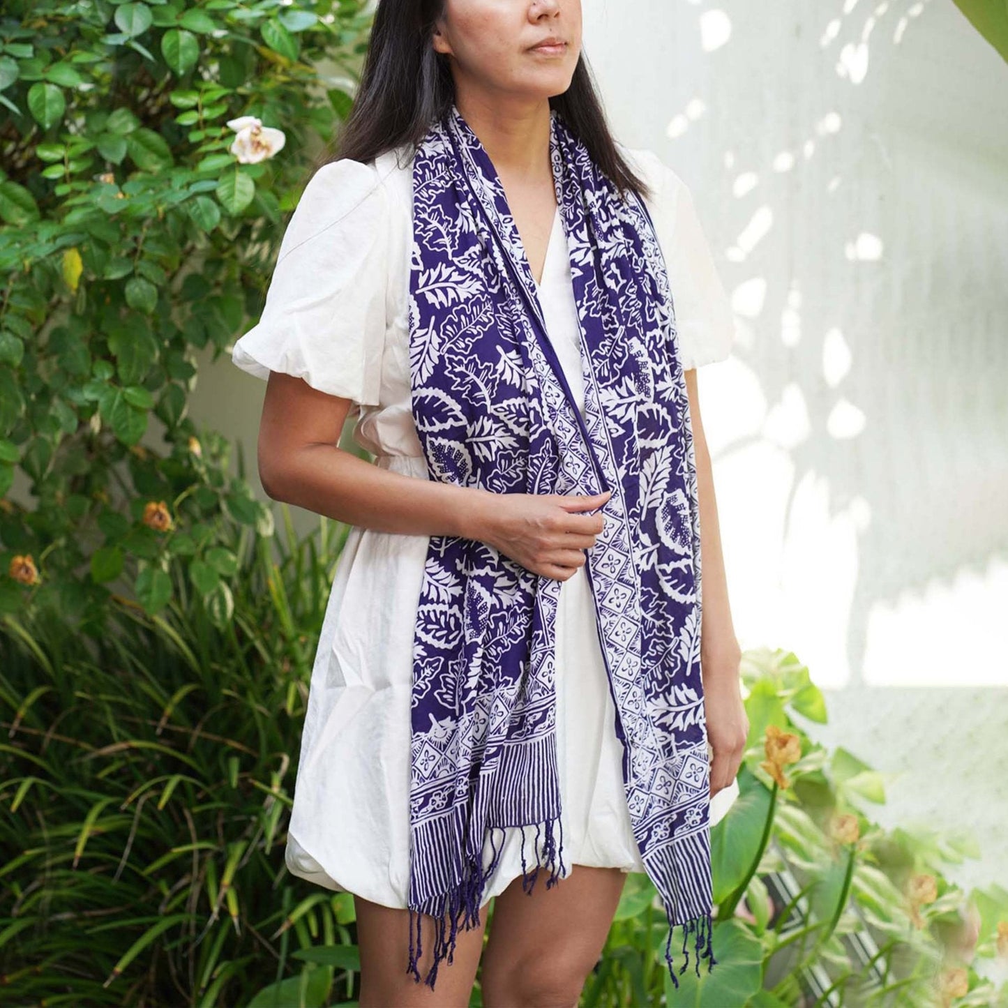 Hand Dyed Batik Scarf, 100% Cotton, Scarves, Bandana, Wrap , Blue Leaves - Osadia Concept Store
