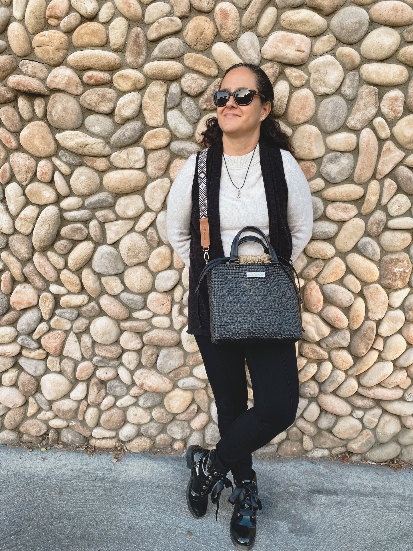 All Black Medium Woven Crossbody Drawstring Bag