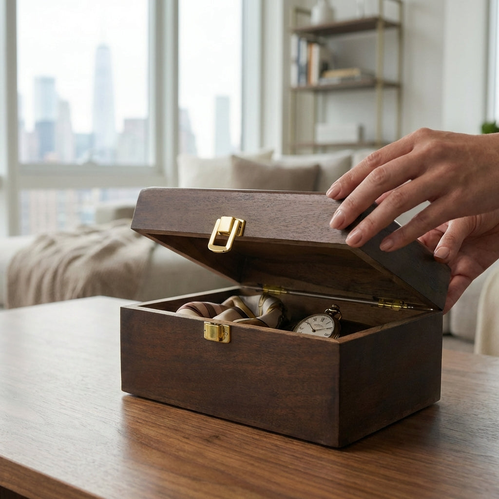 Acacia Wood Classic Keepsake Box with Latch, Urban Walnut