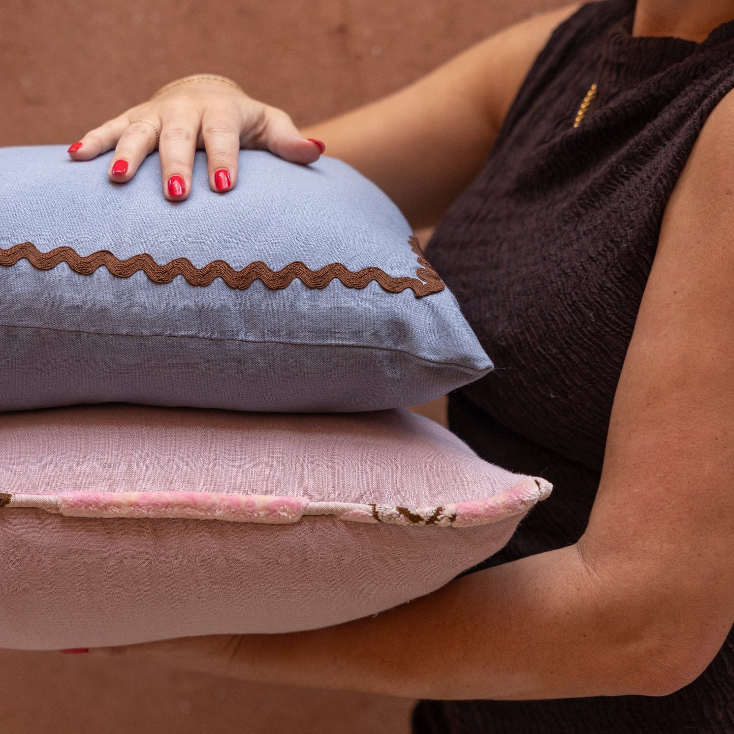 Blue Linen Pillow with Ric-Rac Trim