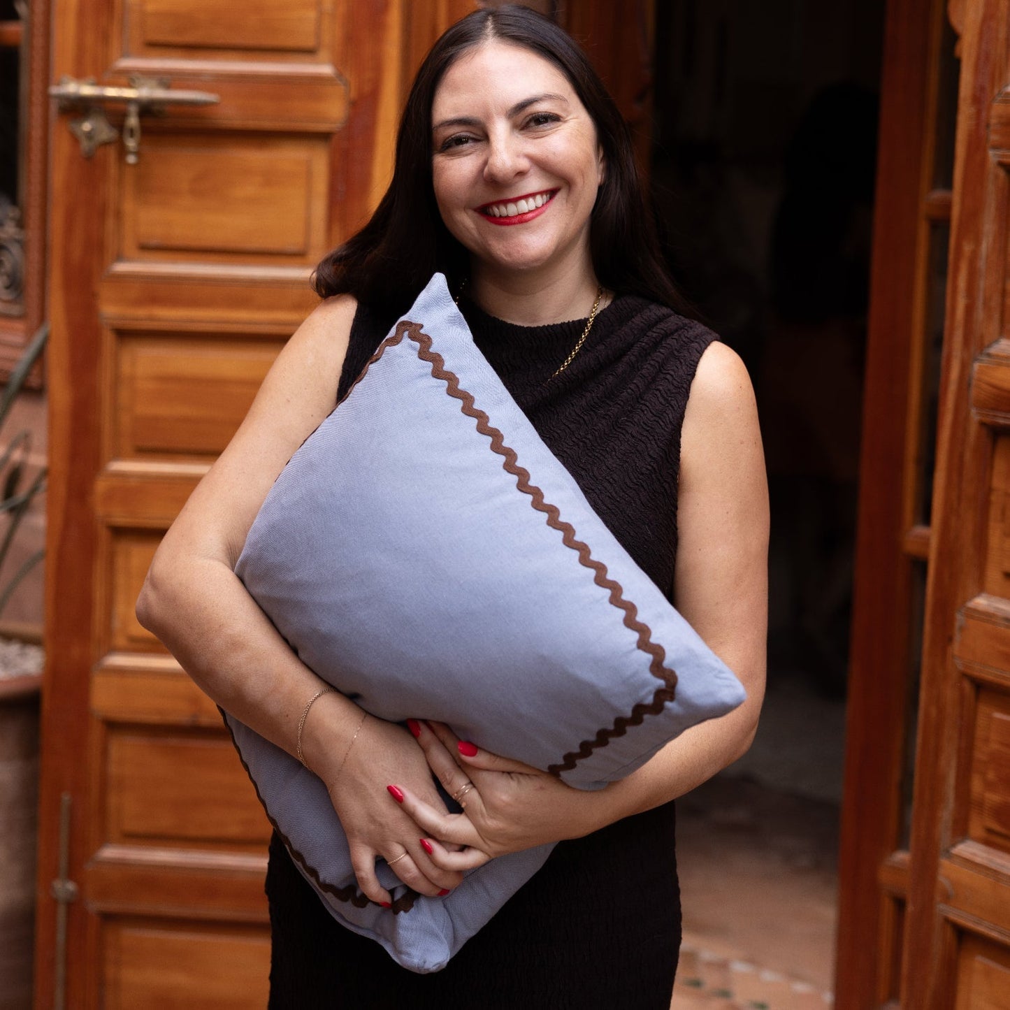 Blue Linen Pillow with Ric-Rac Trim