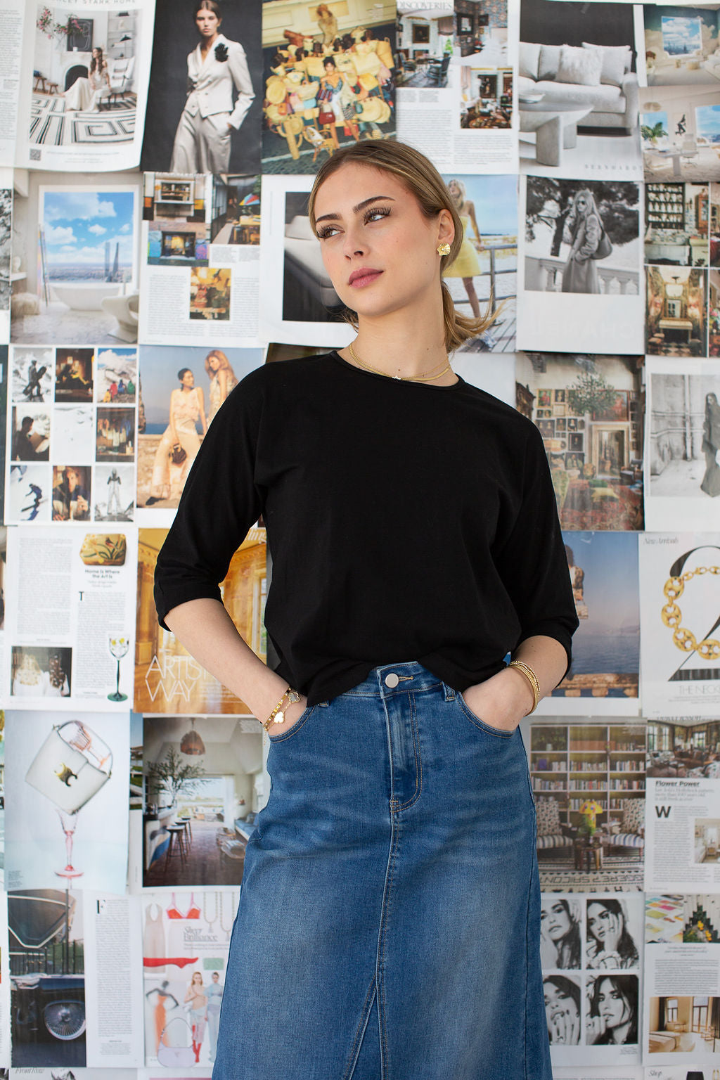 3-4 Sleeve Cotton Tee- Black