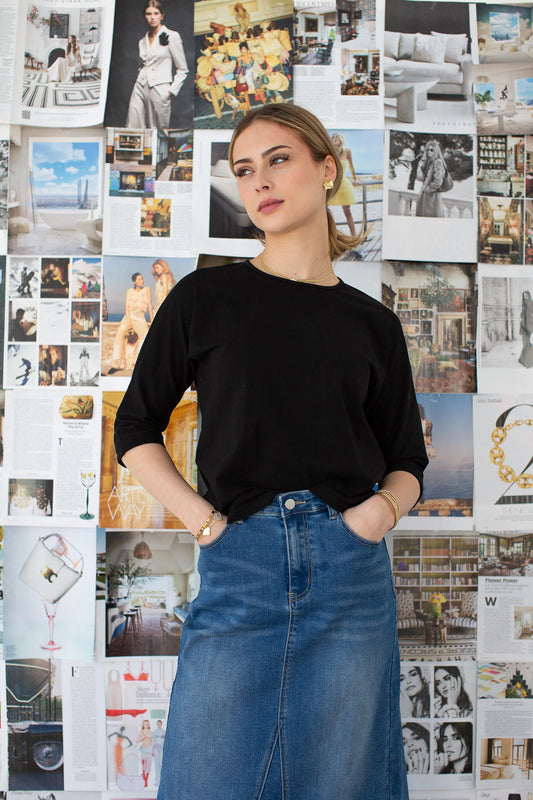 3-4 Sleeve Cotton Tee- Black