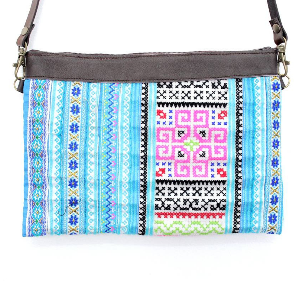 Upcycled Hmong Traditional Fabric Leather Crossbody - Thailand