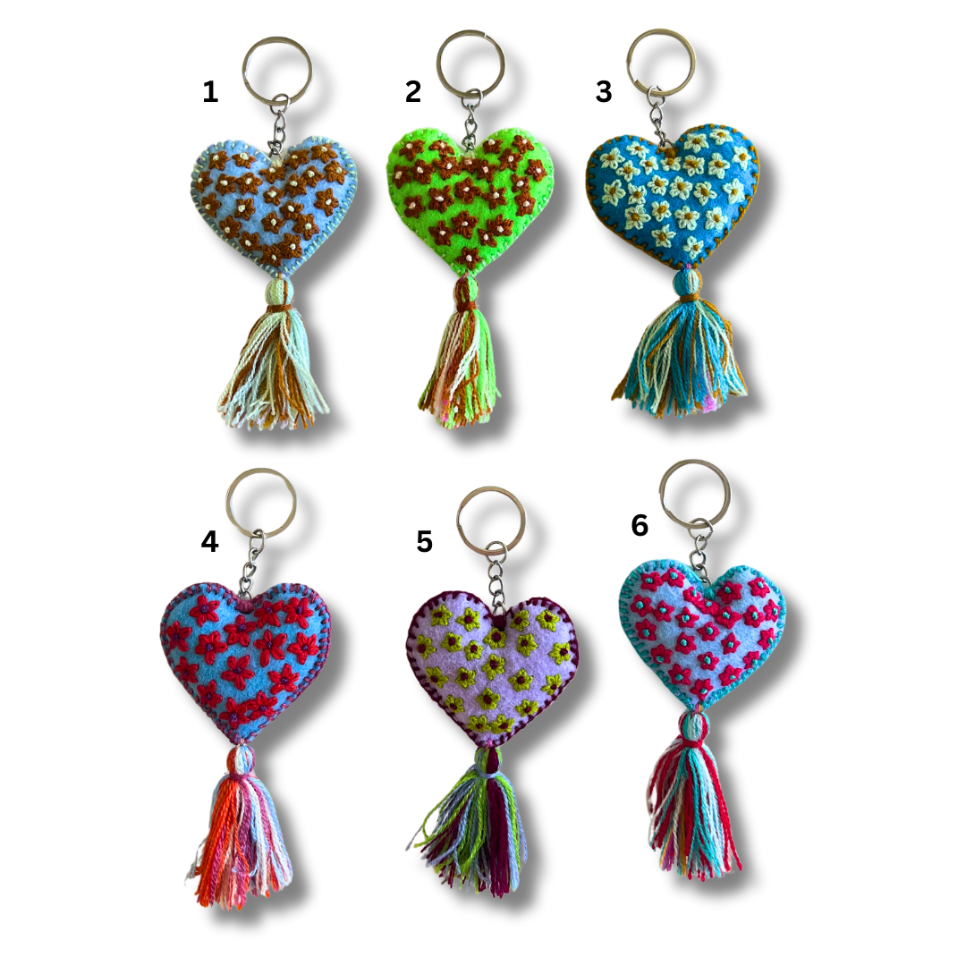 Embroidered Love Heart Tassel Keychain - Mexico