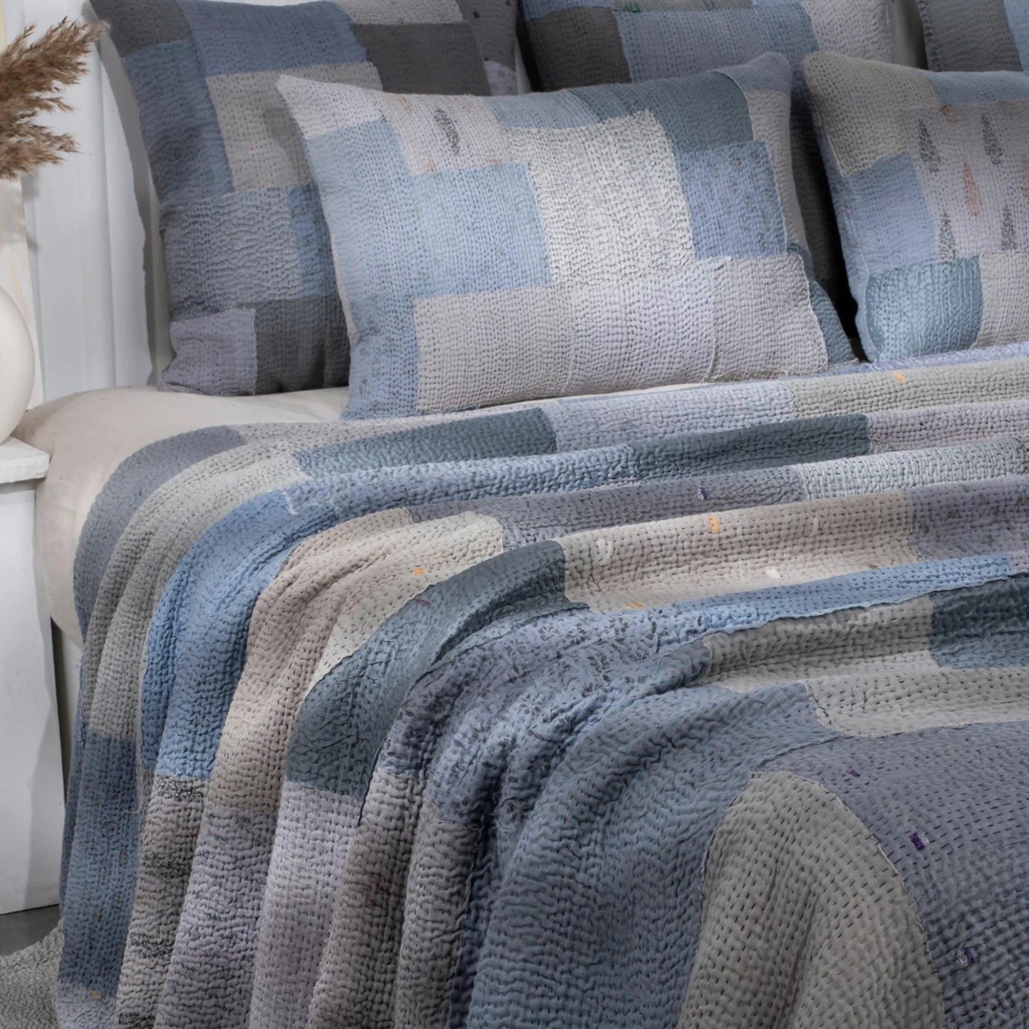 Mosaic Fray Patch Vintage Kantha Throw - Hydrangea