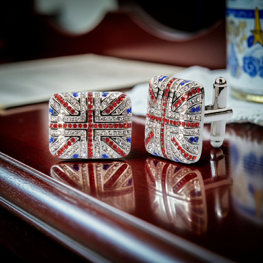 Union Jack Crystal Cufflinks – British Flag Enamel & Crystal Accents