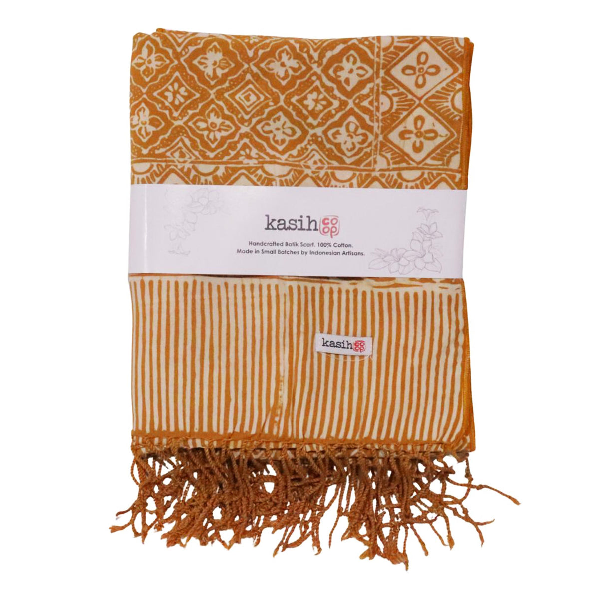 Handmade Batik Scarf, Soft Cotton, Frangipani, Kamboja, Yellow, Brown, Cream, Fall, Autumn