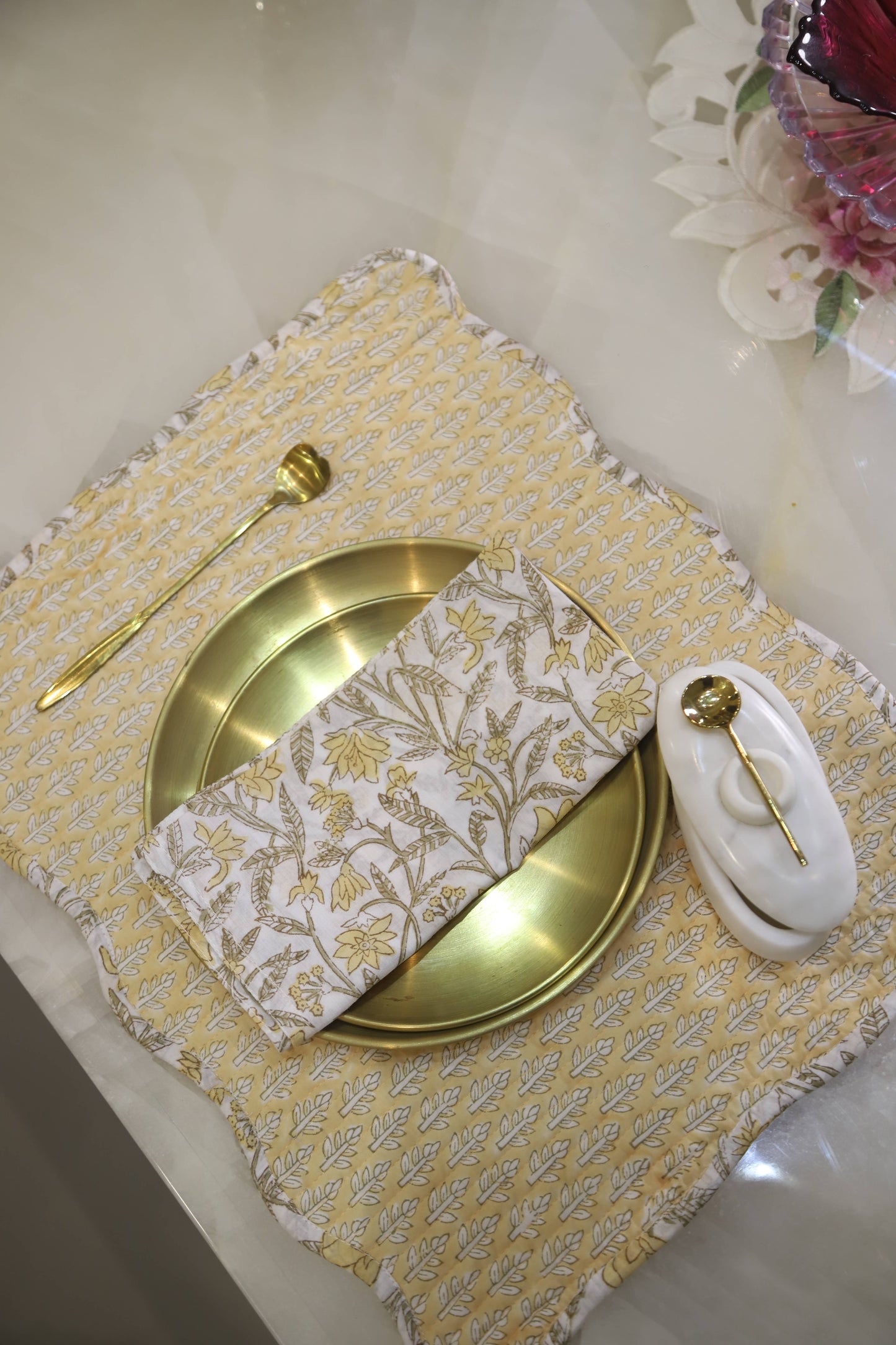 S/4 Amaltas Yellow Block Printed Table Napkins