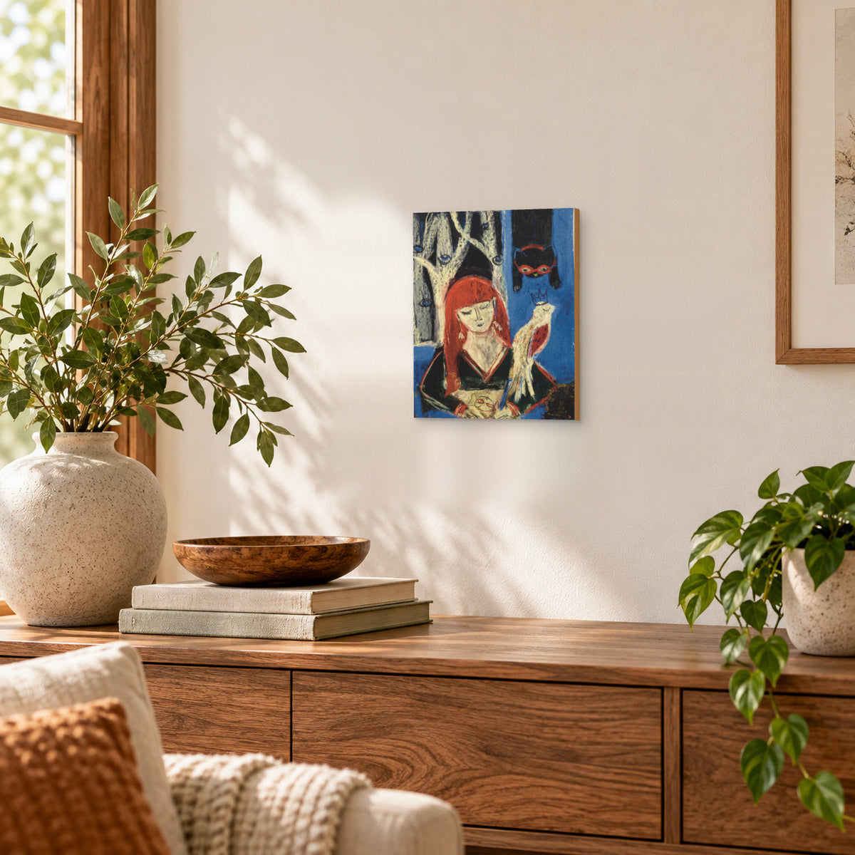 Night Time Art: Red-Haired Girl with a Cat and a Bird, Pastel Art Print on Board