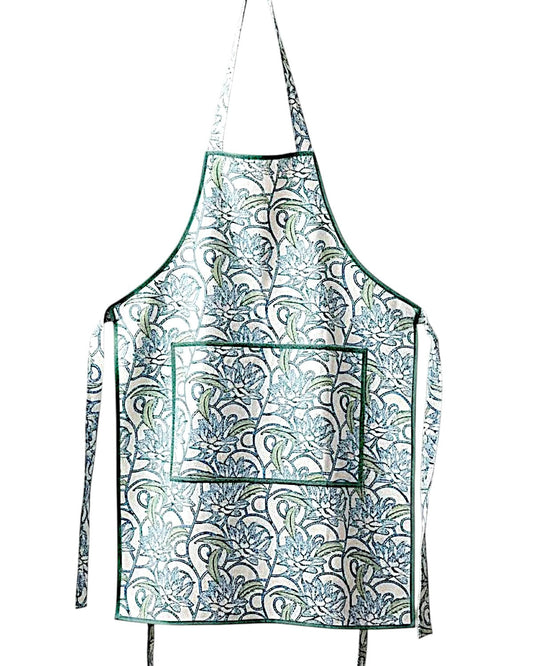 Block Print Cotton Apron with Pockets – Artisan Floral Kitchen Cooking Tie Back
