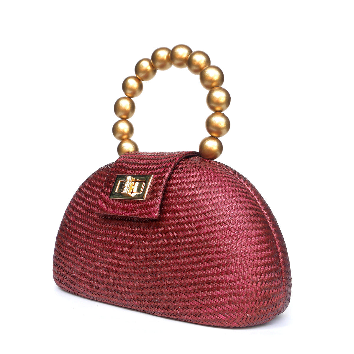 THE ORLA — Maroon Woven Straw Half-Moon Bag with Gold Beaded Handle