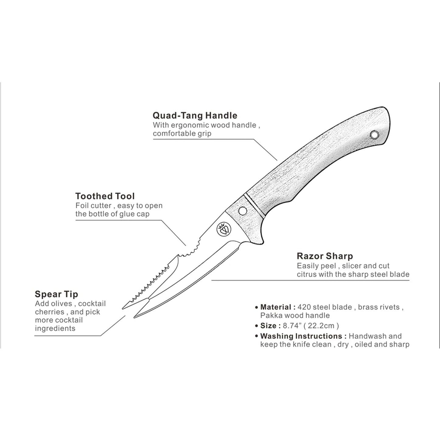 Bartender's Knife | Extra-Large Handle | Premium Steel, Multi-Purpose Blade, Bar Tool
