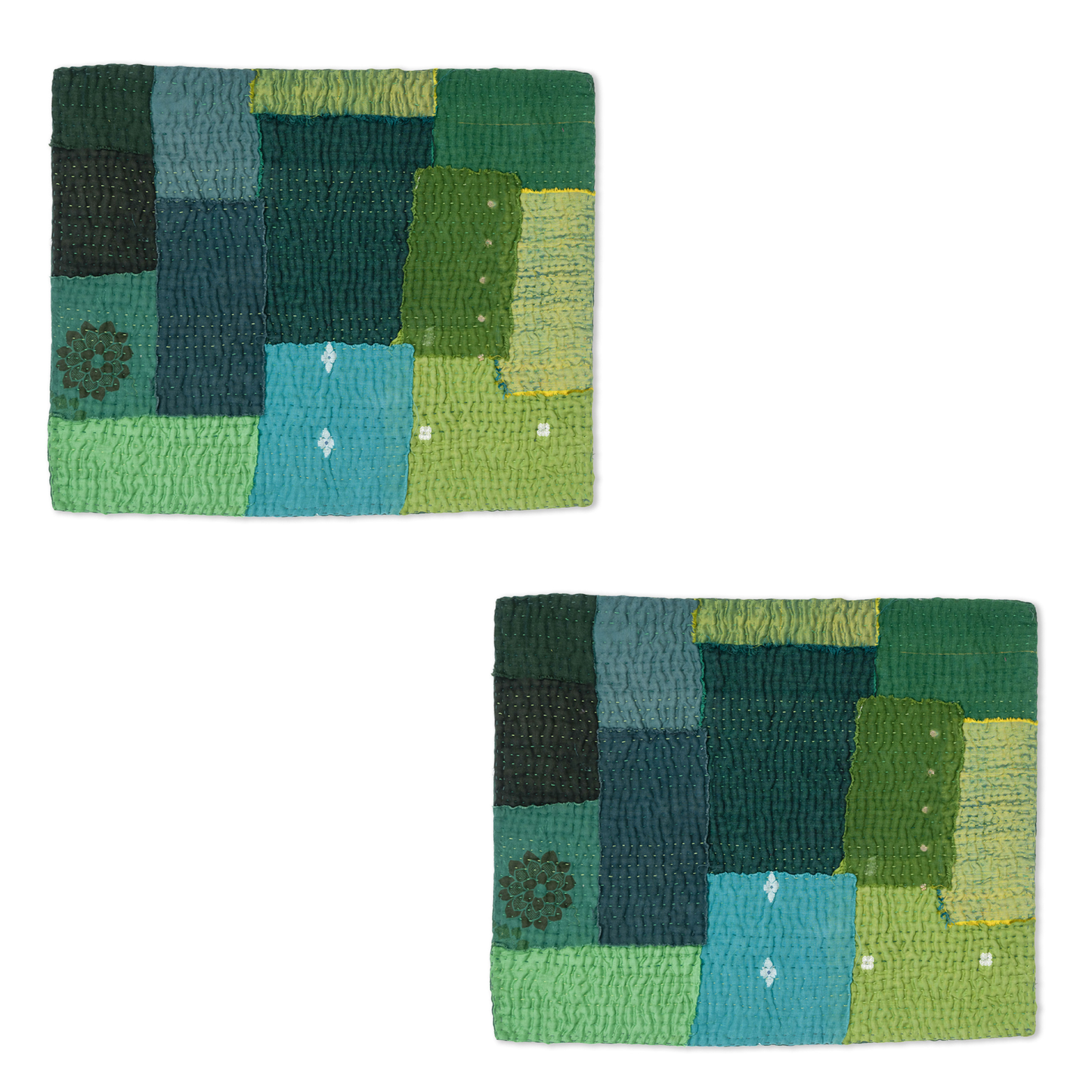 S/2 Landscape Fray Patch Vintage Kantha Placemat - Green