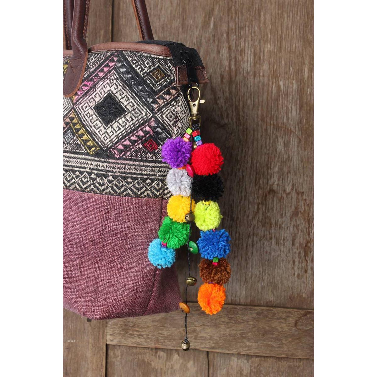 Multicolor Pom Pom Keychain with Beads and Bells | Handmade Zipper Pull | Thailand