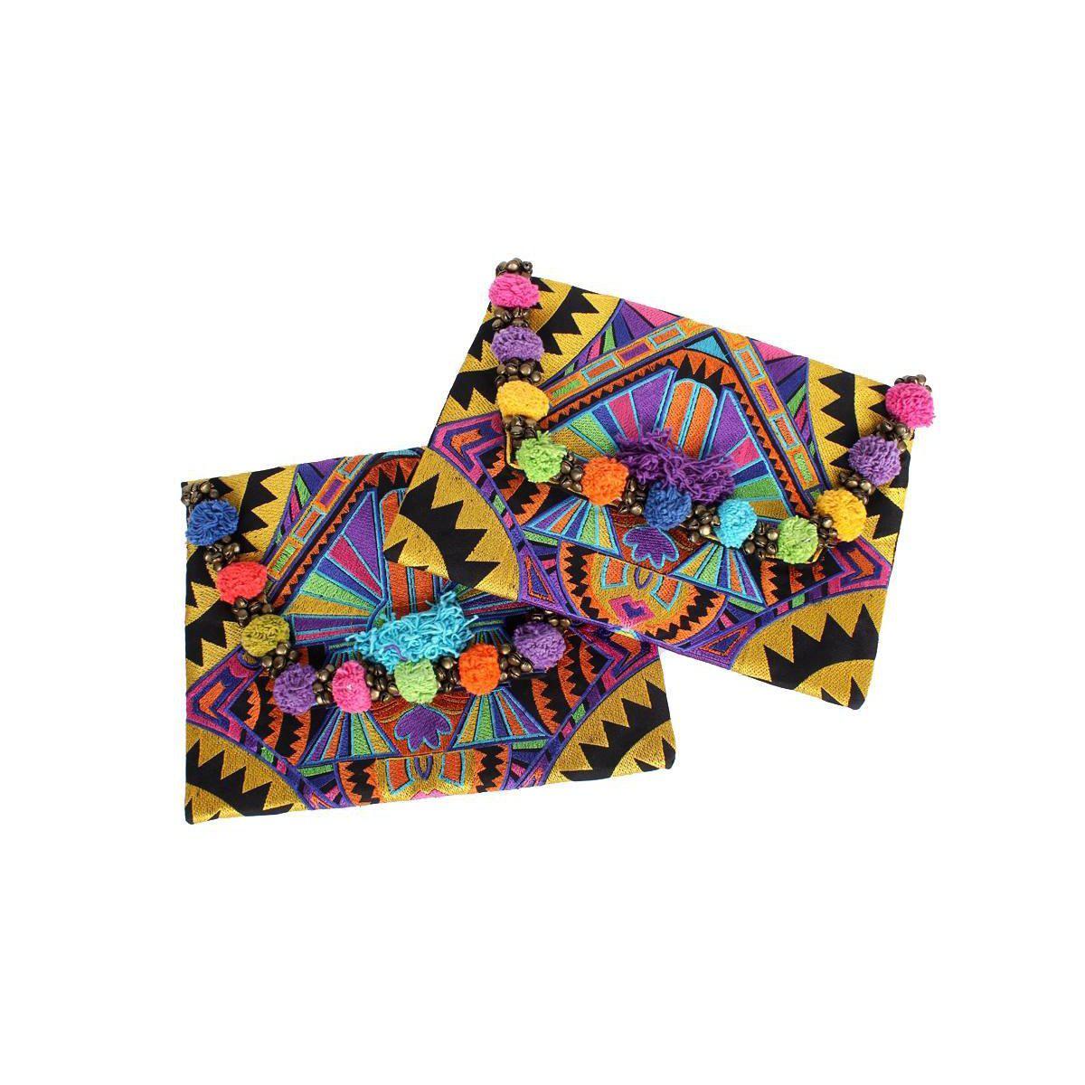 Pom Pom Embroidered Tribal Clutch | iPad Bag - Thailand